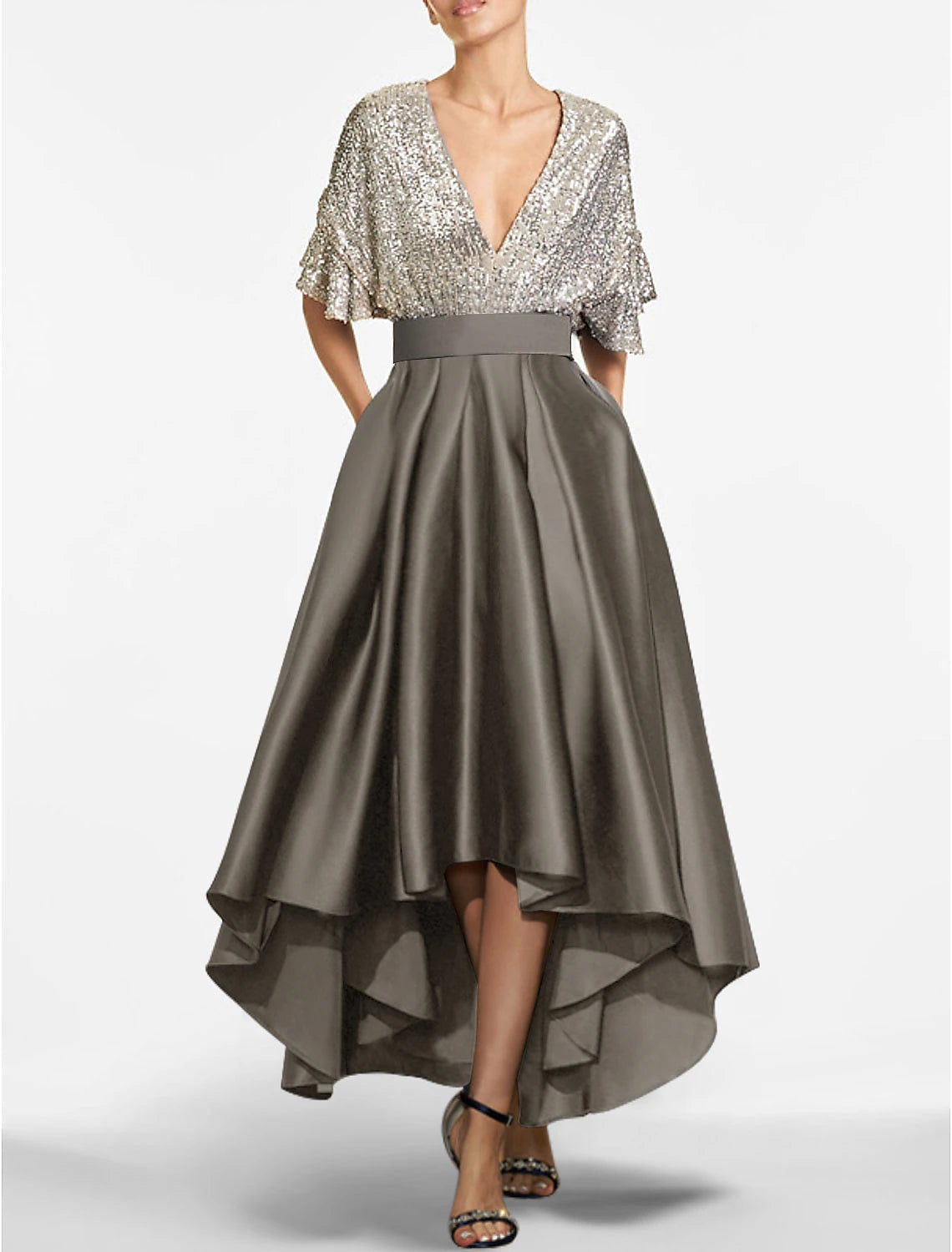 Wholesale A-Line Cocktail Dresses Red Green Dress Cocktail Party Semi Formal Asymmetrical Short Sleeve Jewel Neck Fall Wedding Guest Satin with Sequin